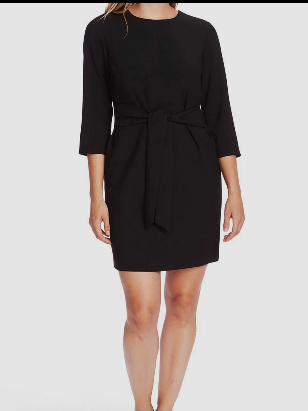 Vince Camuto Women's Black Long Sleeve Jewel Neck Belted Crepe Dress Size 4